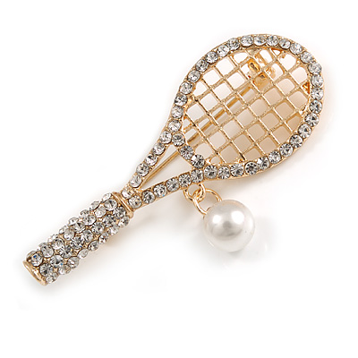 Clear Crystal Tennis Racket with Pearl Bead Ball Brooch In Gold Tone Metal - 55mm Across - main view