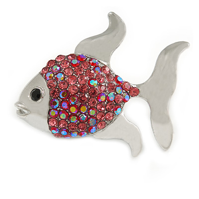Small Pink Crystal Fish Brooch In Silver Tone Metal - 35mm Across - main view