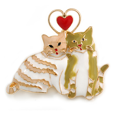 'Cat's Love' Romantic Enamel Brooch In Gold Tone (Cream/ White/ Olive) - 40mm Across - main view