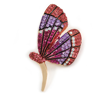 Fuchsia/ Pink/ Lavender Crystal Butterfly Brooch In Gold Tone - 55mm Tall - main view
