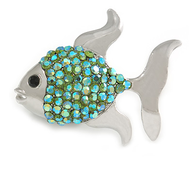 Small Green Crystal Fish Brooch In Silver Tone Metal - 35mm Across