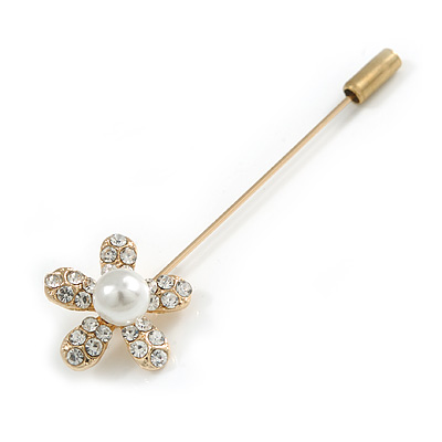 Gold Tone Clear Crystal White Pearl Daisy Flower Lapel, Hat, Suit, Tuxedo, Collar, Scarf, Coat Stick Brooch Pin - 60mm L - main view