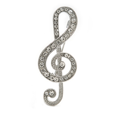 Clear Crystal Treble Clef Brooch In Silver Tone Metal - 45mm Long - main view