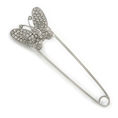 Clear Crystal Butterfly Safety Pin In Silver Tone - 80mm L