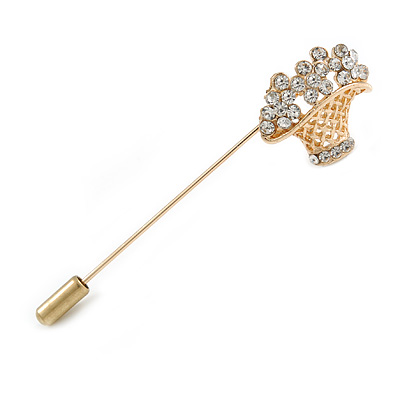 Gold Tone Clear Crystal Floral Basket Lapel, Hat, Suit, Tuxedo, Collar, Scarf, Coat Stick Brooch Pin - 60mm L - main view