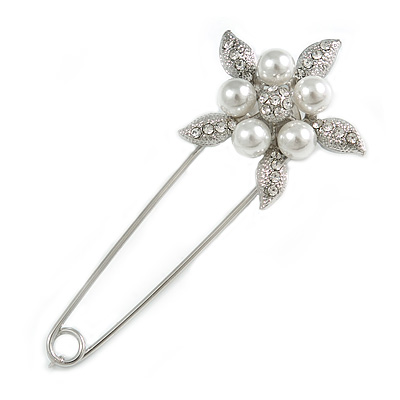 Large Clear Crystal Faux Pearl Flower Safety Pin Brooch In Silver Tone - 70mm Across - main view