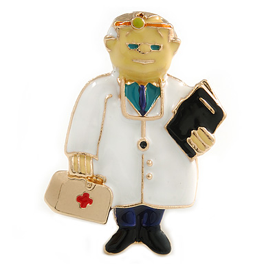 Quirky Enamel Doctor Brooch In Gold Tone (Multicoloured) - 48mm Tall - main view