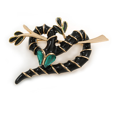 Black Enamel Curled Snake on Branch In Gold Tone - 50mm Across - main view