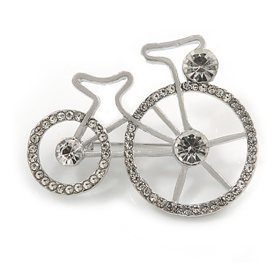 Clear Crystal Bicycle Brooch In Silver Tone Metal - 45mm Across - main view