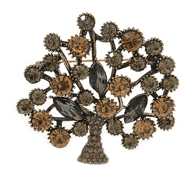 Vintage Inspired Grey/ Citrine Crystal Tree Brooch In Aged Gold Tone Metal - 55mm Tall