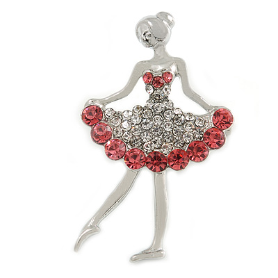 Pink/ Clear Ballerina Brooch In Silver Tone Metal - 45mm Tall - main view