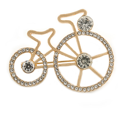 Clear Crystal Bicycle Brooch In Gold Tone Metal - 45mm Across - main view