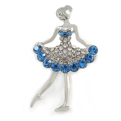 Blue/ Clear Ballerina Brooch In Silver Tone Metal - 45mm Tall - main view