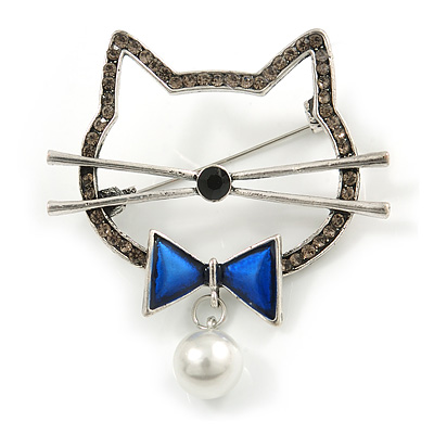 Grey Crystal Open Cat with Blue Bow Brooch in Aged Silver Tone - 50mm Across - main view