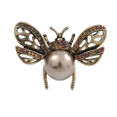 Small Vintage Inspired Crystal Faux Pearl Bug Brooch In Aged Gold Tone - 40mm Across