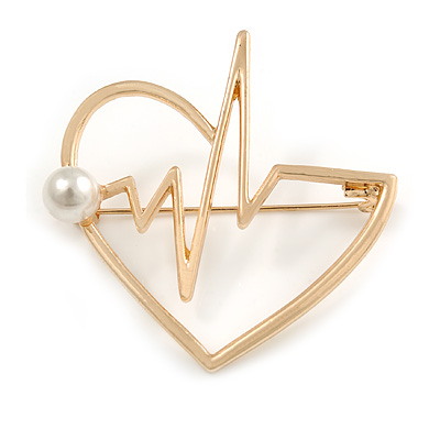 Gold Tone with Faux Pearl Bead Love Heartbeat Shape Brooch - 50mm Tall