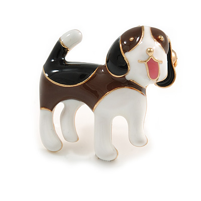 Brown/Black/White Enamel Beagle Puppy Dog Brooch in Gold Tone - 30mm Across - main view
