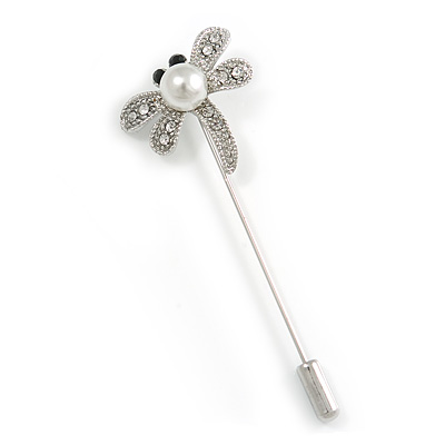 Silver Tone Clear Crystal Glass Pearl Dragonfly Lapel, Hat, Suit, Tuxedo, Collar, Scarf, Coat Stick Brooch Pin - 65mm L - main view
