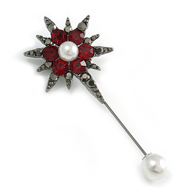 Black Tone Burgundy/ Hematite Crystal Star, Pearl Bead Lapel, Hat, Suit, Tuxedo, Collar, Scarf, Coat Stick Brooch Pin - 65mm L