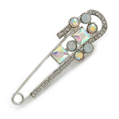 Silver Tone Clear/ AB Crystal Cluster Safety Pin Brooch - 70mm L
