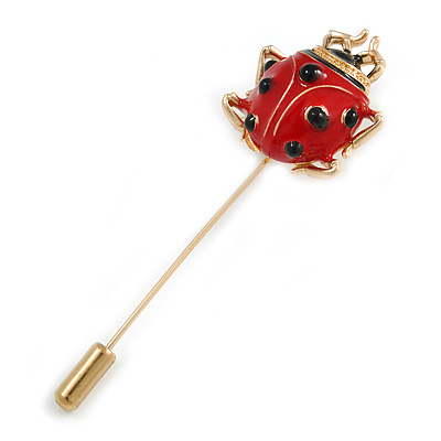 Gold Tone Red/ Black Enamel Ladybird/ Lady Bug Lapel, Hat, Suit, Tuxedo, Collar, Scarf, Coat Stick Brooch Pin - 65mm Long - main view