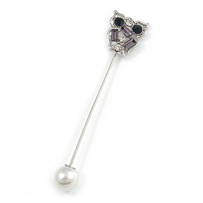 Silver Tone Crystal Owl Lapel, Hat, Suit, Tuxedo, Collar, Scarf, Coat Stick Brooch Pin - 65mm L - main view