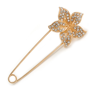 Large Clear Crystal Flower Safety Pin In Gold Tone - 75mm L