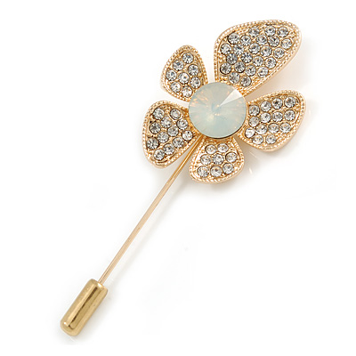 Gold Tone Clear Crystal Assymetrical Flower Lapel, Hat, Suit, Tuxedo, Collar, Scarf, Coat Stick Brooch Pin - 65mm L - main view