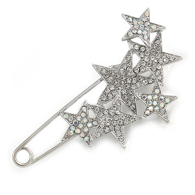 Silver Tone Clear/ AB Crystal Star Cluster Safety Pin Brooch - 75mm L