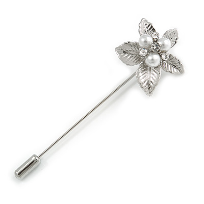 Silver Tone Clear Crystal White Faux Pearl Flower Lapel, Hat, Suit, Tuxedo, Collar, Scarf, Coat Stick Brooch Pin - 65mm L - main view