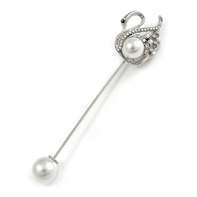 Silver Tone Crystal, Pearl Swan Lapel, Hat, Suit, Tuxedo, Collar, Scarf, Coat Stick Brooch Pin - 65mm L