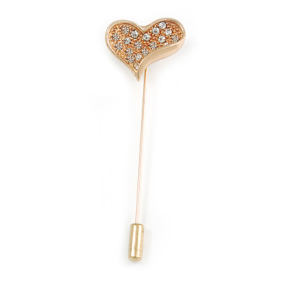 Gold Tone Clear Crystal Asymmetrical Heart Lapel, Hat, Suit, Tuxedo, Collar, Scarf, Coat Stick Brooch Pin - 65mm L