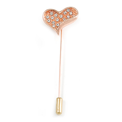 Rose Gold Tone Clear Crystal Asymmetrical Heart Lapel, Hat, Suit, Tuxedo, Collar, Scarf, Coat Stick Brooch Pin - 65mm L - main view