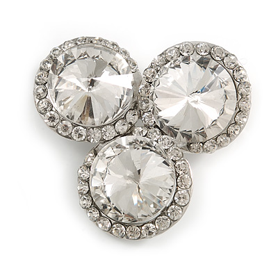 Clear Diamante Circle Art Nouveau Brooch In Silver Tone - 45mm Diameter - main view