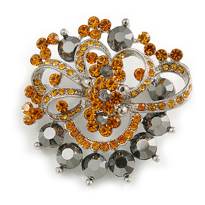 Amber Coloured/ Hematite Grey Diamante Corsage Brooch In Silver Tone - 50mm Diameter