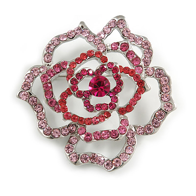Stunning Pink/ Magenta Crystal Rose Brooch In Silver Tone - 50mm Diameter