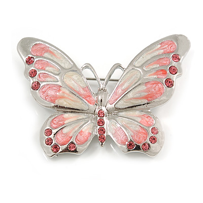 Pink Diamante Enamel Butterfly Brooch In Silver Tone - 50mm Across - main view