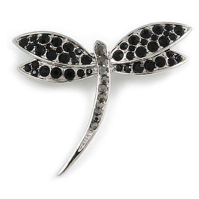 Classic Black Crystal Dragonfly Brooch In Silver Tone - 60mm Across