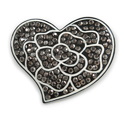 White Rose Motif In The Black Hematite Crystal Heart Brooch In Gun Metal - 50mm Across