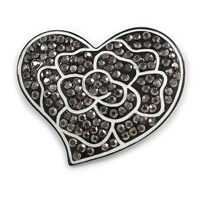 White Rose Motif In The Black Hematite Crystal Heart Brooch In Gun Metal - 50mm Across - main view