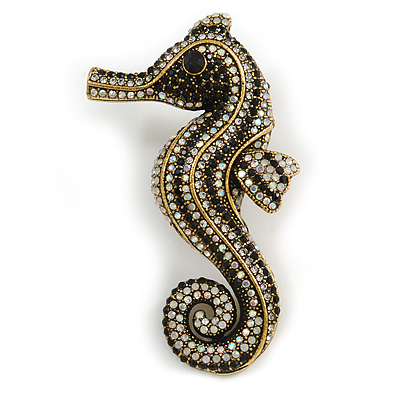 Black/ Ab Crystal Seahorse Brooch in Aged Gold Tone Metal - 70mm Tall