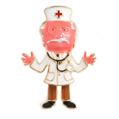 Quirky Enamel Doctor Brooch In Gold Tone (Pink/ White/ Brown) - 48mm Tall - main view
