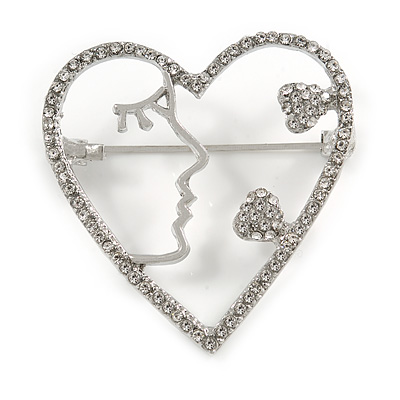 Clear Crystal Open Heart Brooch In Silver Tone - 40mm Tall - main view