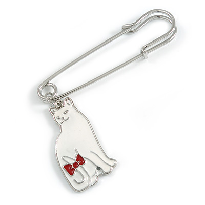 Medium Safety Pin with White Enamel Cat Charm Brooch In Silver Tone - 60mm Across - main view