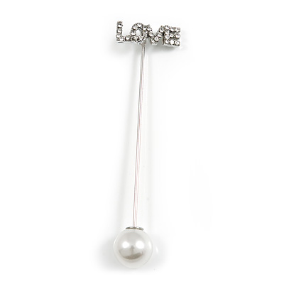 Clear Crystal 'LOVE' with White Faux Peal Lapel, Hat, Suit, Tuxedo, Collar, Scarf, Coat Stick Brooch Pin in Silver Tone - 65mm L - main view