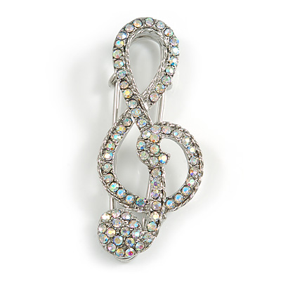 AB Crystal Treble Clef Safety Pin Brooch In Silver Tone - 50mm Long