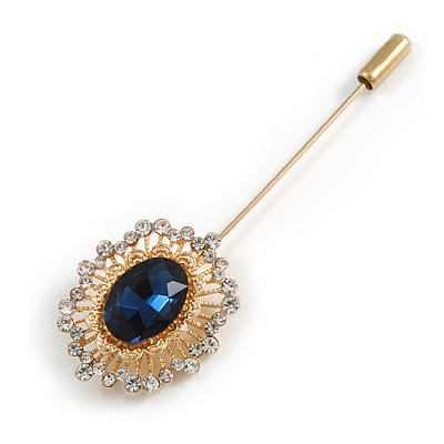 Oval Clear/ Blue Crystal Lapel, Hat, Suit, Tuxedo, Collar, Scarf, Coat Stick Brooch Pin In Gold Tone - 65mm L - main view