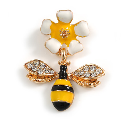 Small Yellow/ Black Enamel Crystal Bee Brooch In Gold Tone - 35mm Long - main view