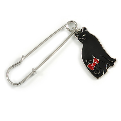 Medium Safety Pin with Black Enamel Cat Charm Brooch In Silver Tone - 60mm Across - main view