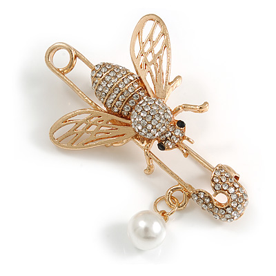 Clear Crystal Bee Safety Pin Brooch In Gold Tone - 55mm Long